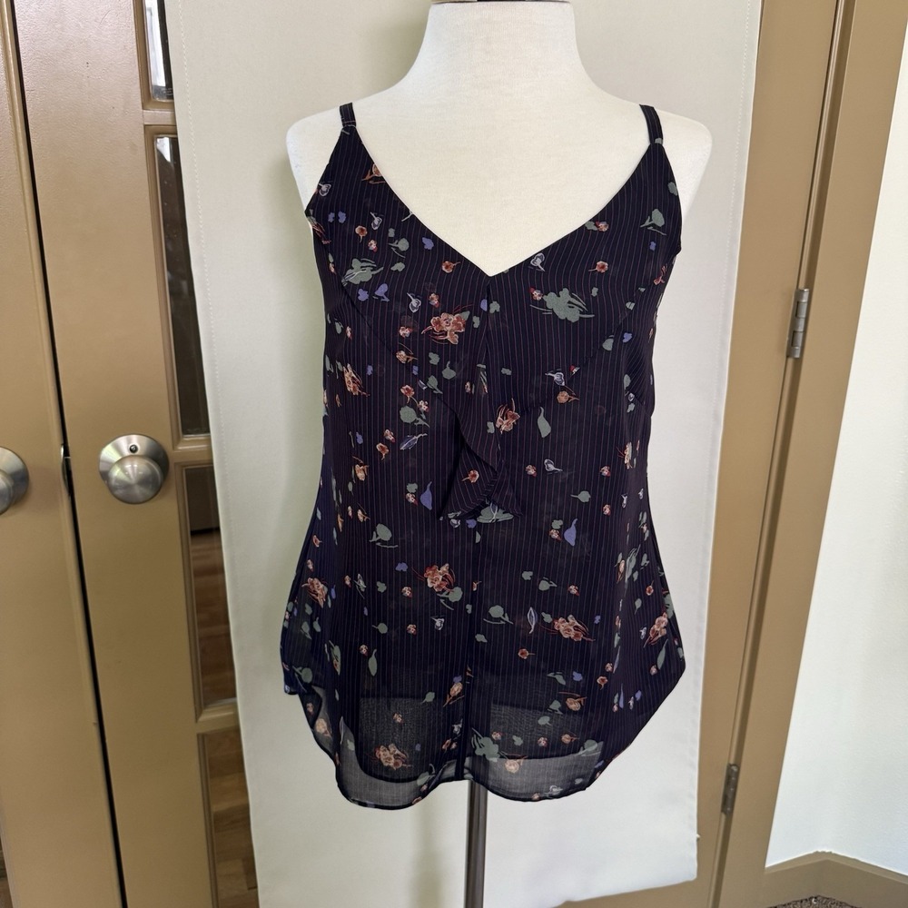 Cabi Women XS Pinstripe Floral Ruffle Trim Sleeveless Blouse Tank Top Style 3607